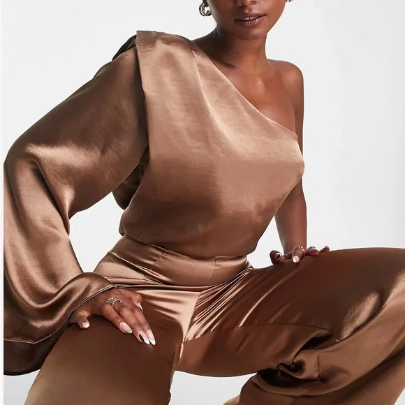 River Island Satin One-Shoulder Bronze Jumpsuit - Picture 2 of 12